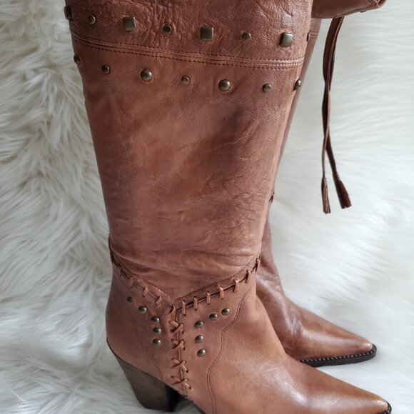Andre' Cognac Leather Riding Studded Side Zipper Knee High Boot SZ 8 - Picture 9 of 16